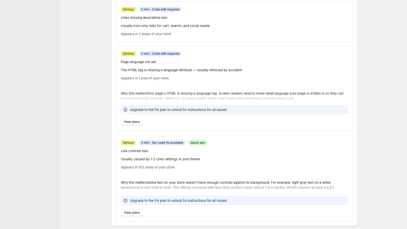 AccessFix issues page showing two issues with fix instructions locked behind the paid plan, with an Upgrade to Fix Plan prompt